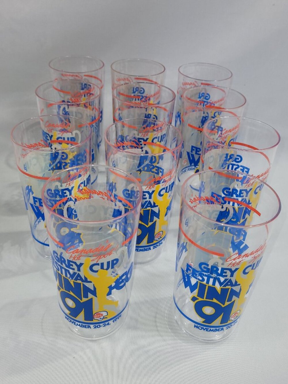CFL Football 5.75" Set 11 Plastic Cups Glass Winnipeg 1991 Grey Cup Festival